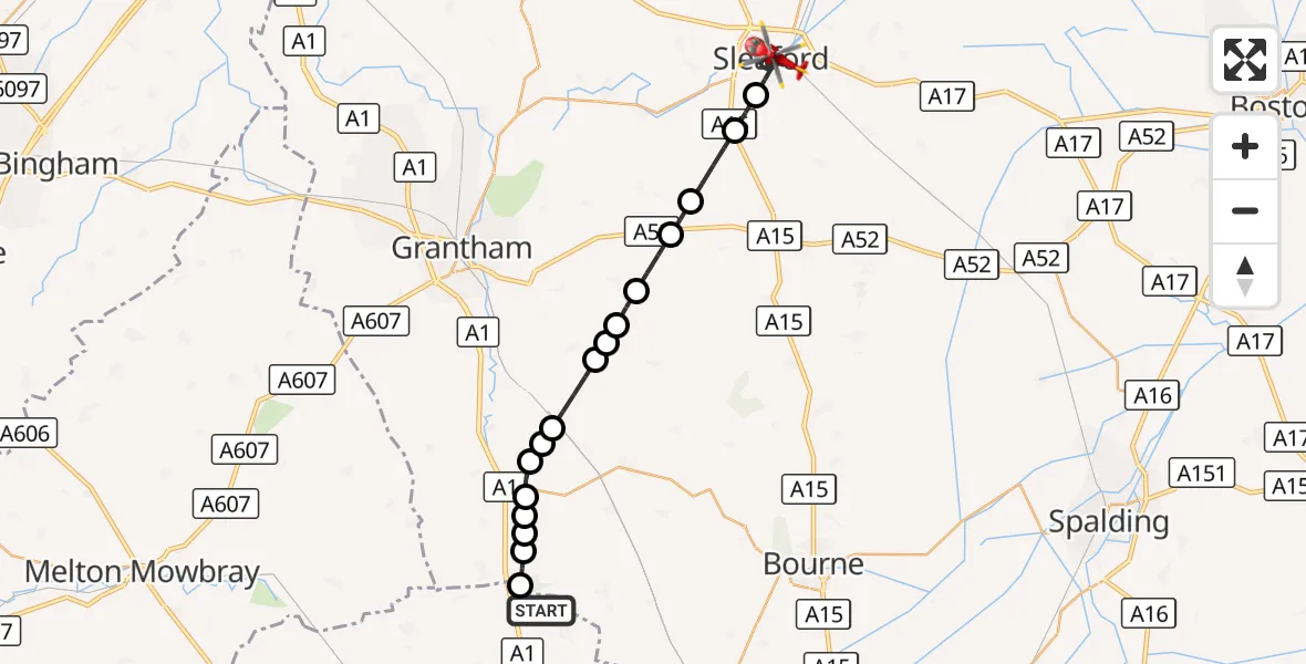Flight route Air Ambulance Helicopter Stretton - Sleaford, 31 August 2026, 14:41
