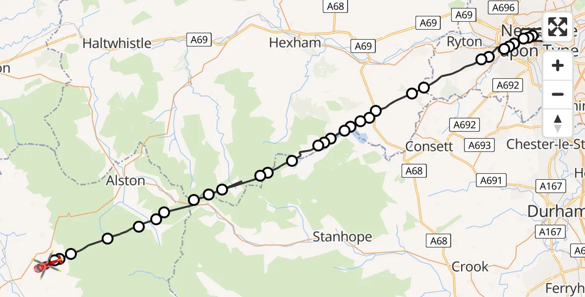 Flight route Air Ambulance Helicopter Newcastle Royal Victoria Infirmary - Melmerby, 31 August 2026, 14:56