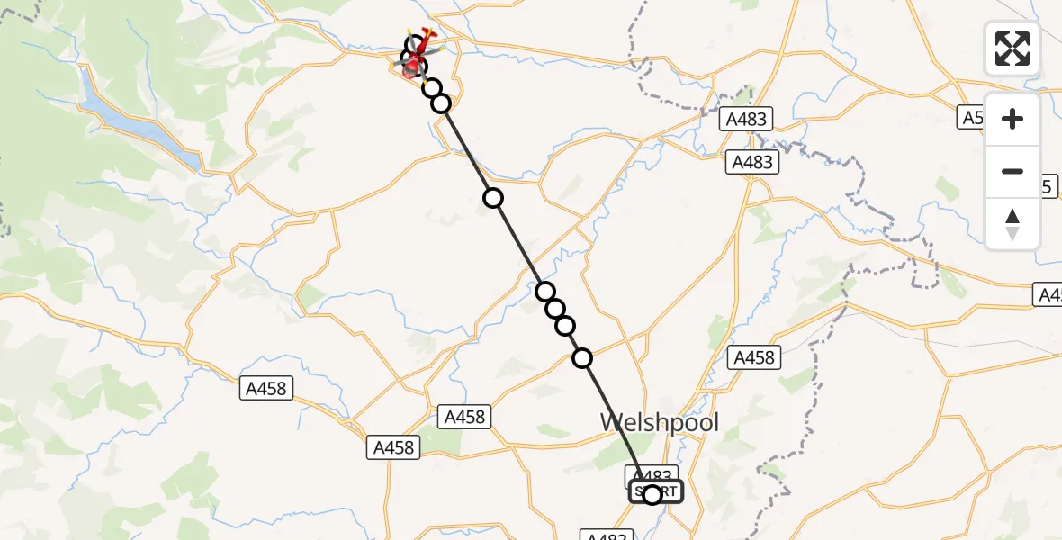 Flight route Air Ambulance Helicopter Welshpool Airport - Llanrhaeadr-ym-Mochnant, 31 August 2026, 15:12