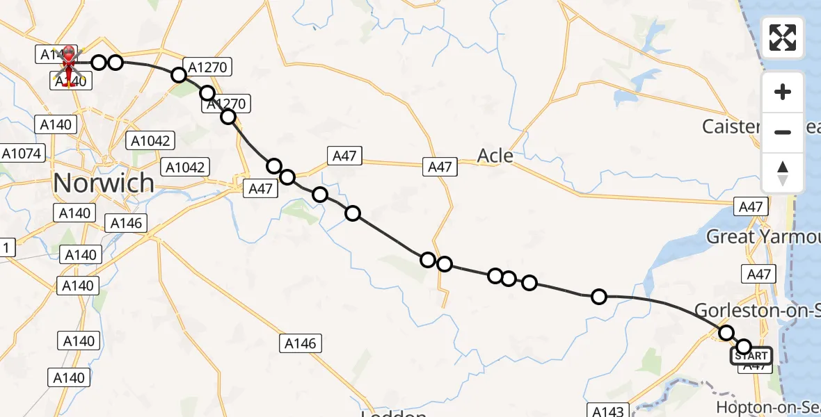 Flight route Air Ambulance Helicopter James Paget Hospital - Norwich Airport, 31 August 2026, 15:18