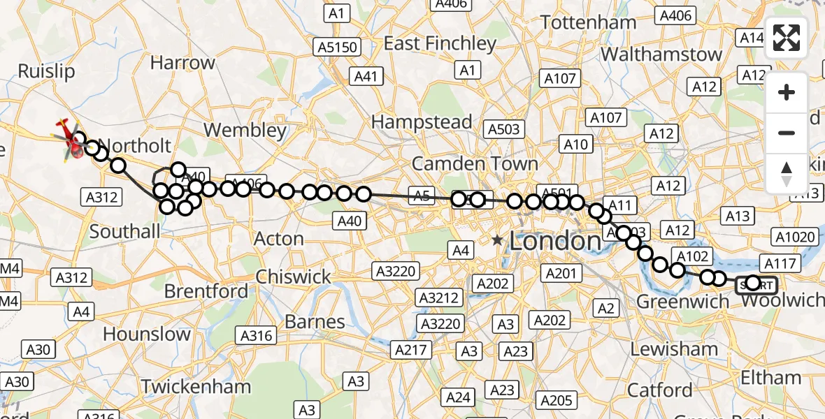 Flight route Air Ambulance Helicopter Charlton Riverside - RAF Northolt, 31 August 2026, 15:24
