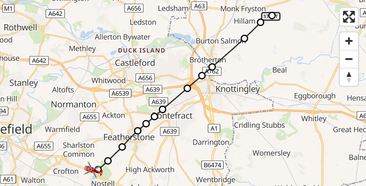 Flight route Air Ambulance Helicopter Hillam - YAA Nostell Helicopter Port, 31 August 2026, 15:30