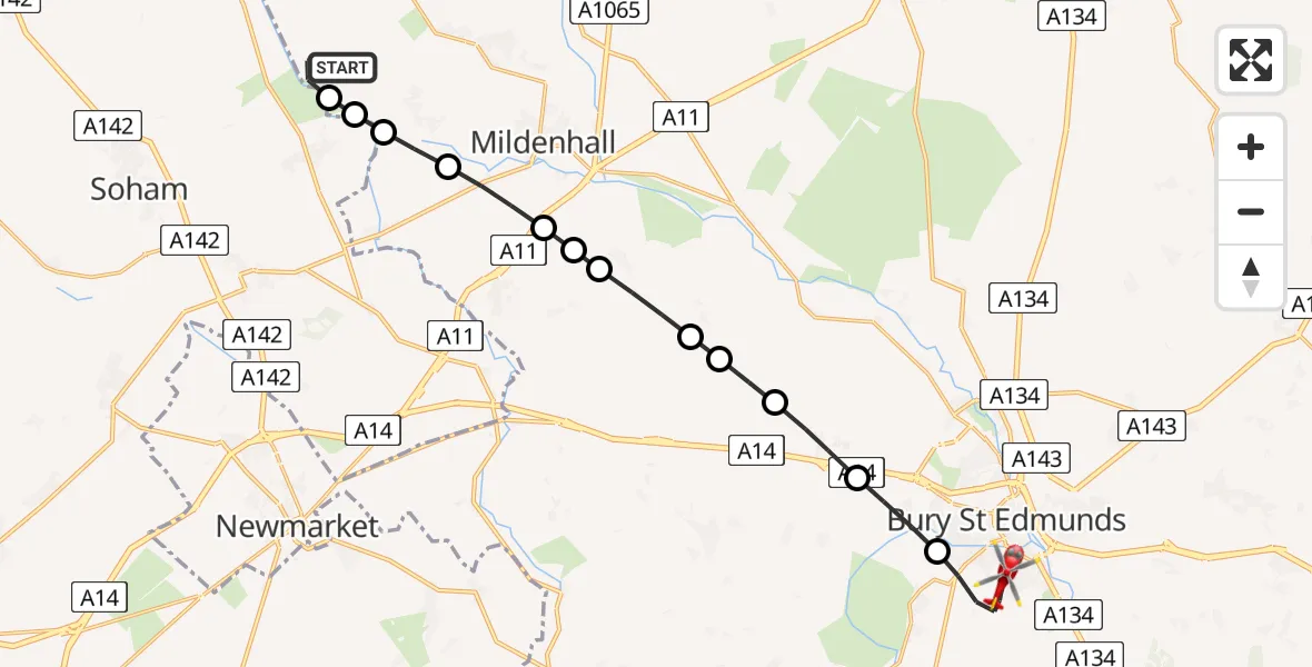 Flight route Air Ambulance Helicopter West Row - West Suffolk Hospital, 31 August 2026, 15:36
