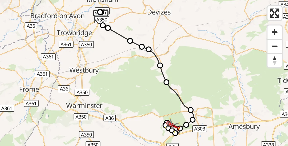 Flight route Air Ambulance Helicopter Wiltshire Air Ambulance - Shrewton, 31 August 2026, 15:40