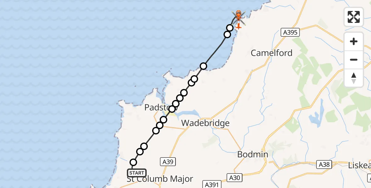 Flight route Coastguard Helicopter Cornwall Airport Newquay - Tintagel, 31 August 2026, 15:52