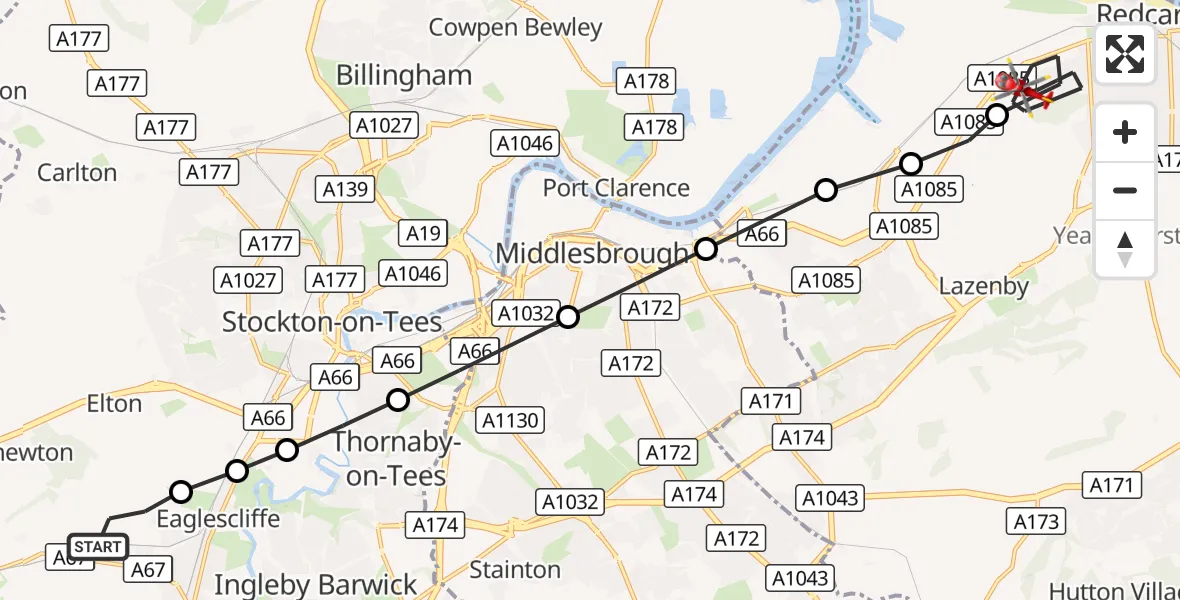 Flight route Air Ambulance Helicopter Egglescliffe - Redcar, 31 August 2026, 16:06