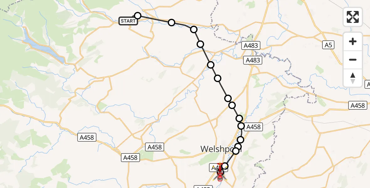 Flight route Air Ambulance Helicopter Pen-y-bont-fawr - Welshpool Airport, 31 August 2026, 16:07