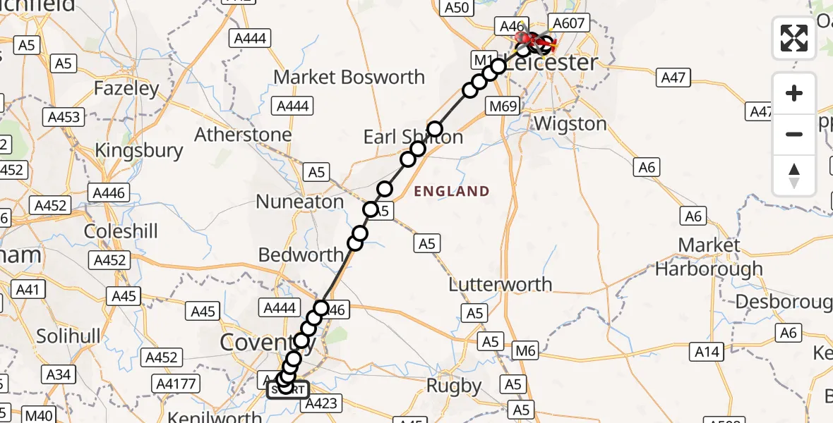 Flight route Air Ambulance Helicopter Coventry Airport - Stocking Farm, 31 August 2026, 16:07