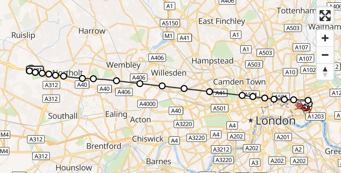 Flight route Air Ambulance Helicopter RAF Northolt - Royal London Hospital, 31 August 2026, 16:11