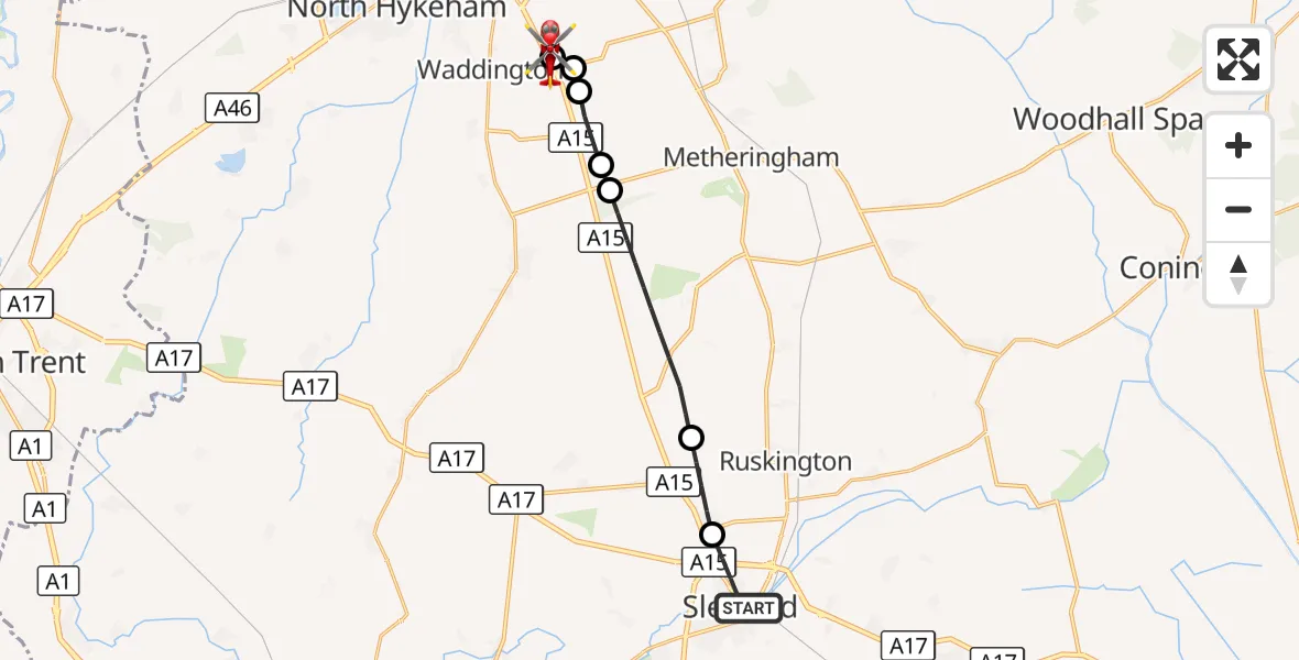 Flight route Air Ambulance Helicopter Sleaford - North Kesteven, 31 August 2026, 16:11