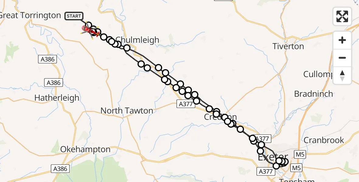 Flight route Air Ambulance Helicopter Roborough - Eaglescott Airfield, 31 August 2026, 16:20