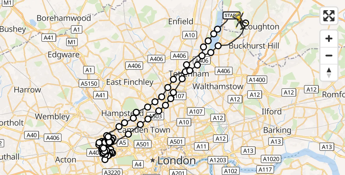 Flight route Police Helicopter Sewardstonebury - City of Westminster, 31 August 2026, 16:27