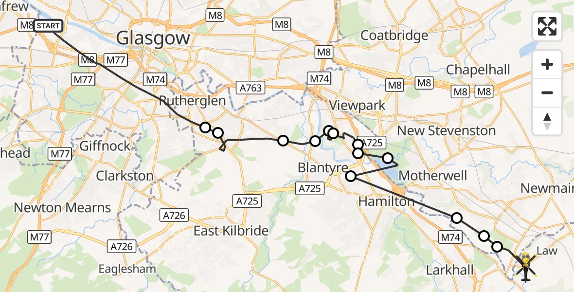 Flight route Police Helicopter Glasgow - Dalserf, 31 August 2026, 16:34