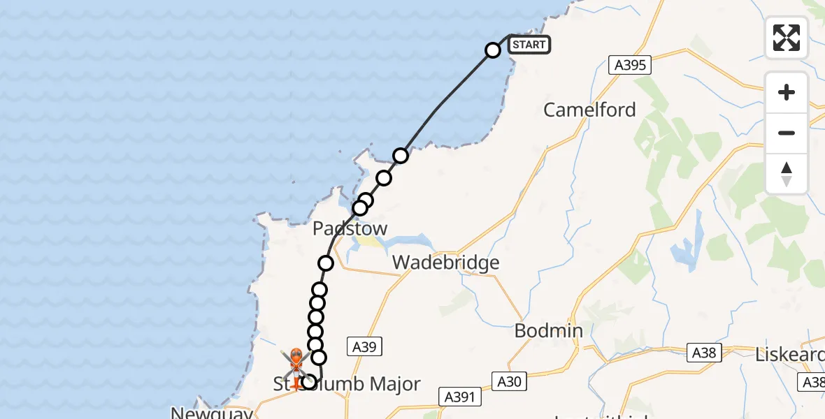 Flight route Coastguard Helicopter Tintagel - Cornwall Airport Newquay, 31 August 2026, 16:37