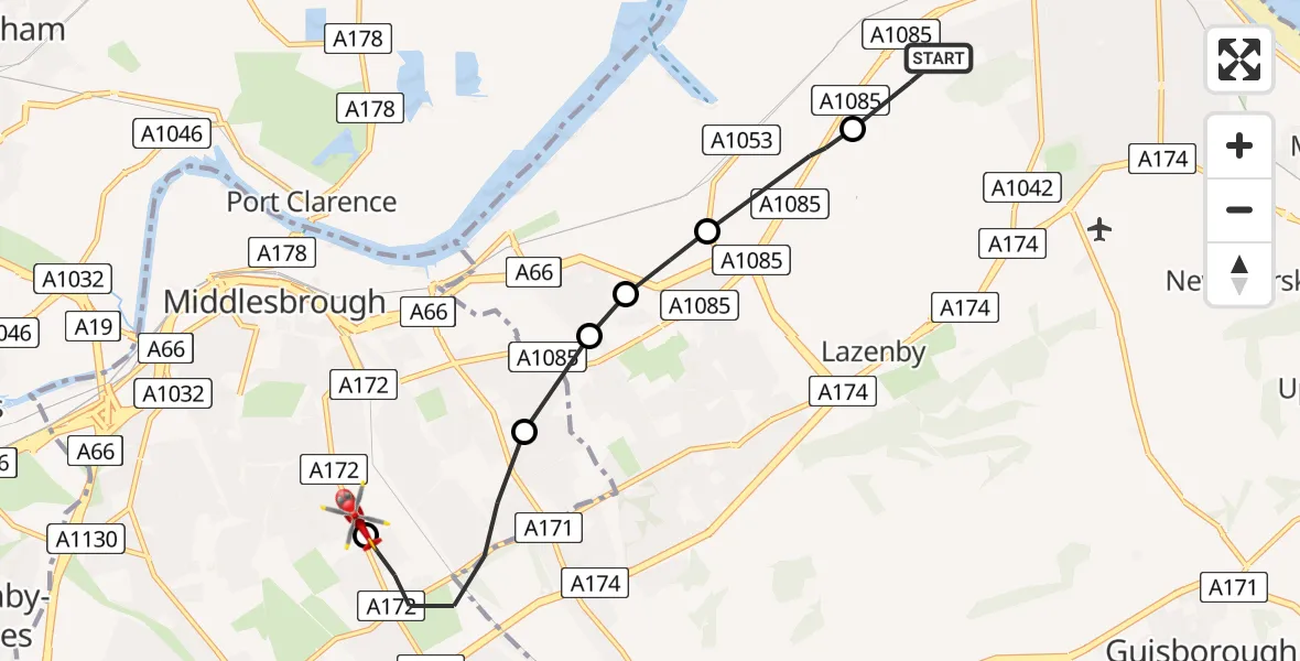 Flight route Air Ambulance Helicopter Redcar - James Cook University Hospital, 31 August 2026, 16:38