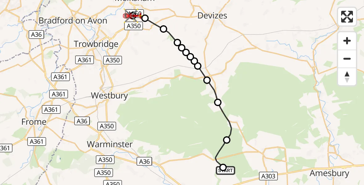 Flight route Air Ambulance Helicopter Shrewton - Wiltshire Air Ambulance, 31 August 2026, 16:40