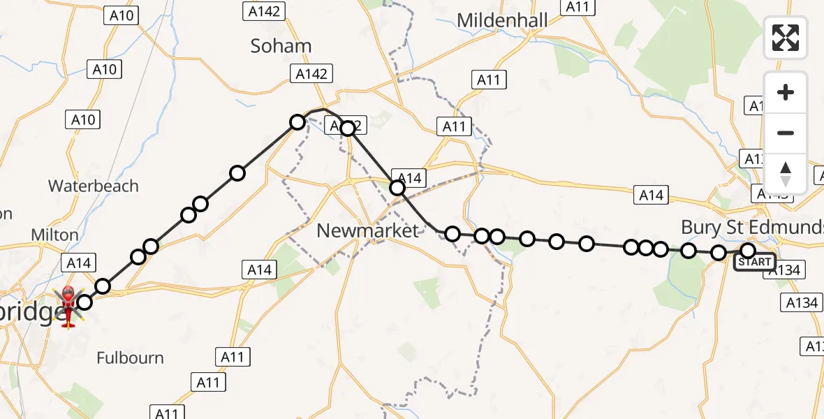 Flight route Air Ambulance Helicopter West Suffolk Hospital - Cambridge City Airport, 31 August 2026, 16:41