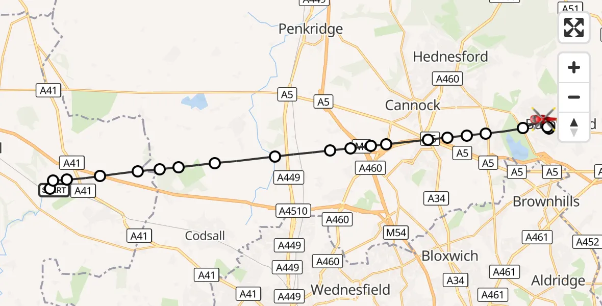 Flight route Air Ambulance Helicopter RAF Cosford - Burntwood, 31 August 2026, 16:52