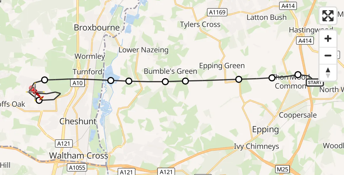 Flight route Air Ambulance Helicopter North Weald Airfield - Broxbourne, 31 August 2026, 16:52