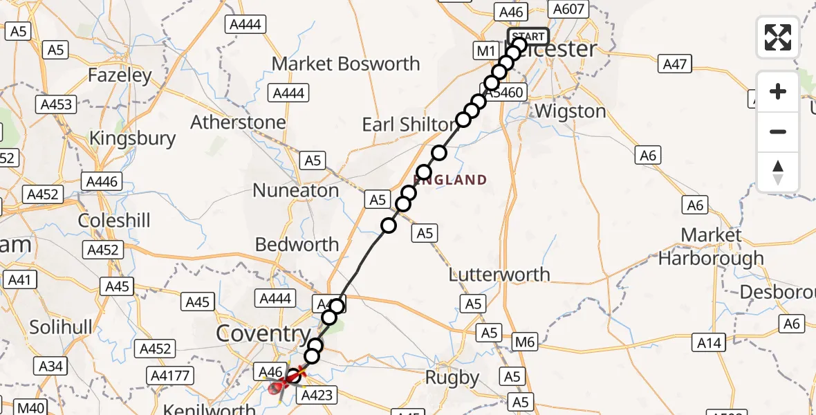 Flight route Air Ambulance Helicopter Newfoundpool - Coventry Airport, 31 August 2026, 16:57