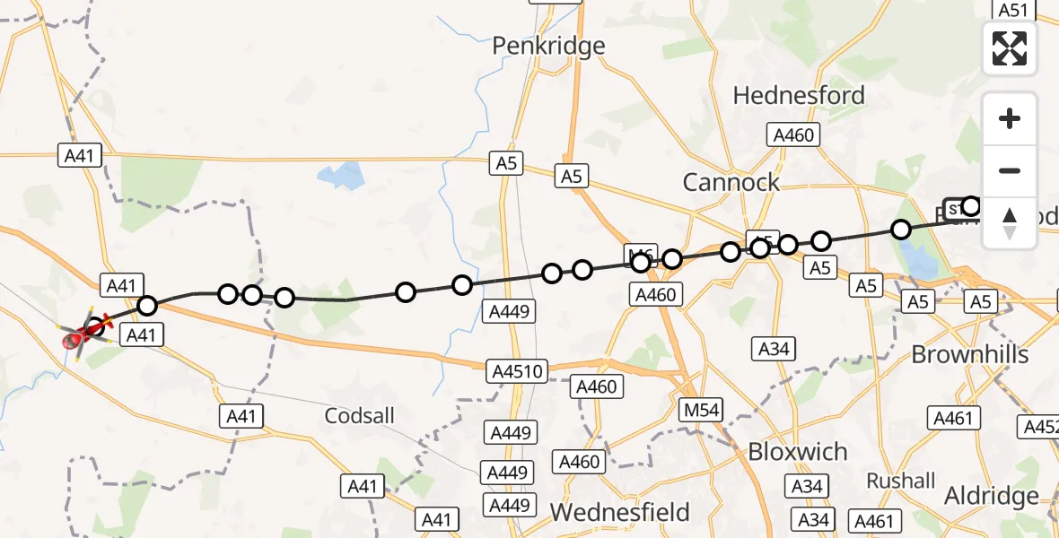 Flight route Air Ambulance Helicopter Burntwood - Shifnal, 31 August 2026, 17:38