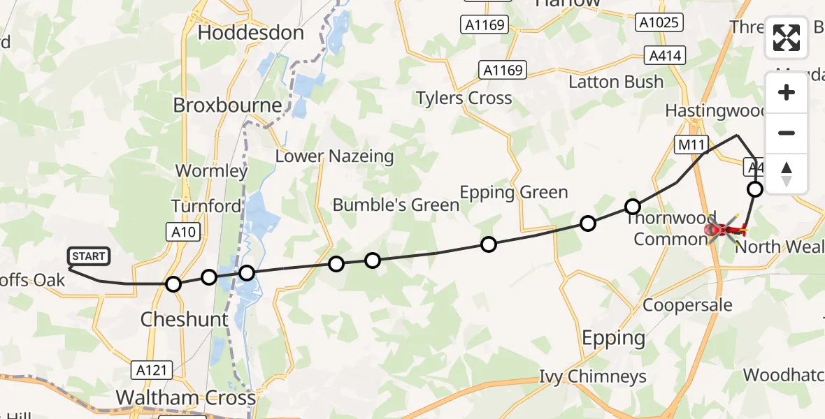 Flight route Air Ambulance Helicopter Broxbourne - North Weald Airfield, 31 August 2026, 17:51