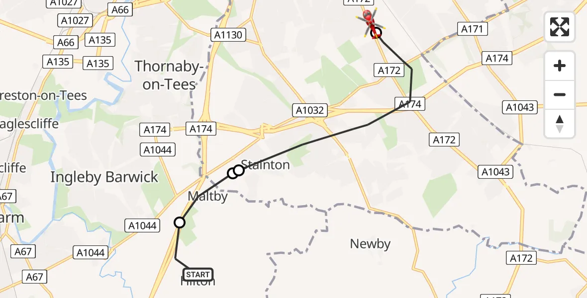 Flight route Air Ambulance Helicopter Hilton - James Cook University Hospital, 31 August 2026, 18:20