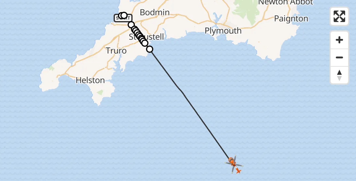 Flight route Coastguard Helicopter Cornwall Airport Newquay - English Channel, 31 August 2026, 18:24