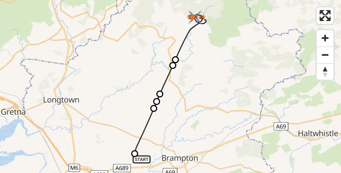Flight route Coastguard Helicopter Carlisle Lake District Airport - Bewcastle, 31 August 2026, 18:30