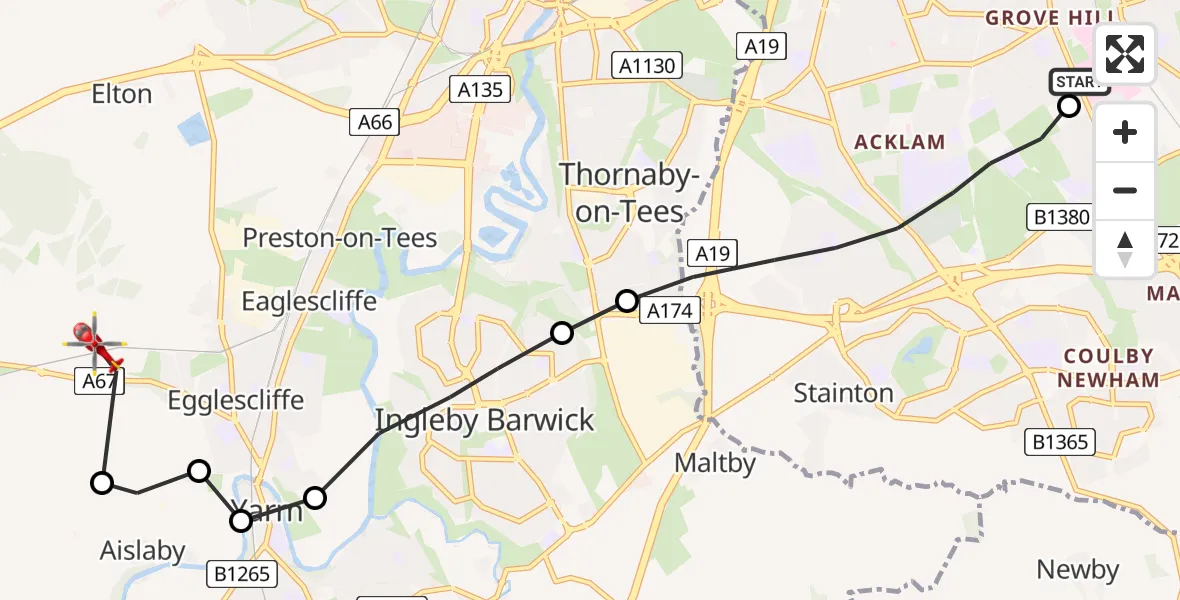 Flight route Air Ambulance Helicopter James Cook University Hospital - Egglescliffe, 31 August 2026, 18:48
