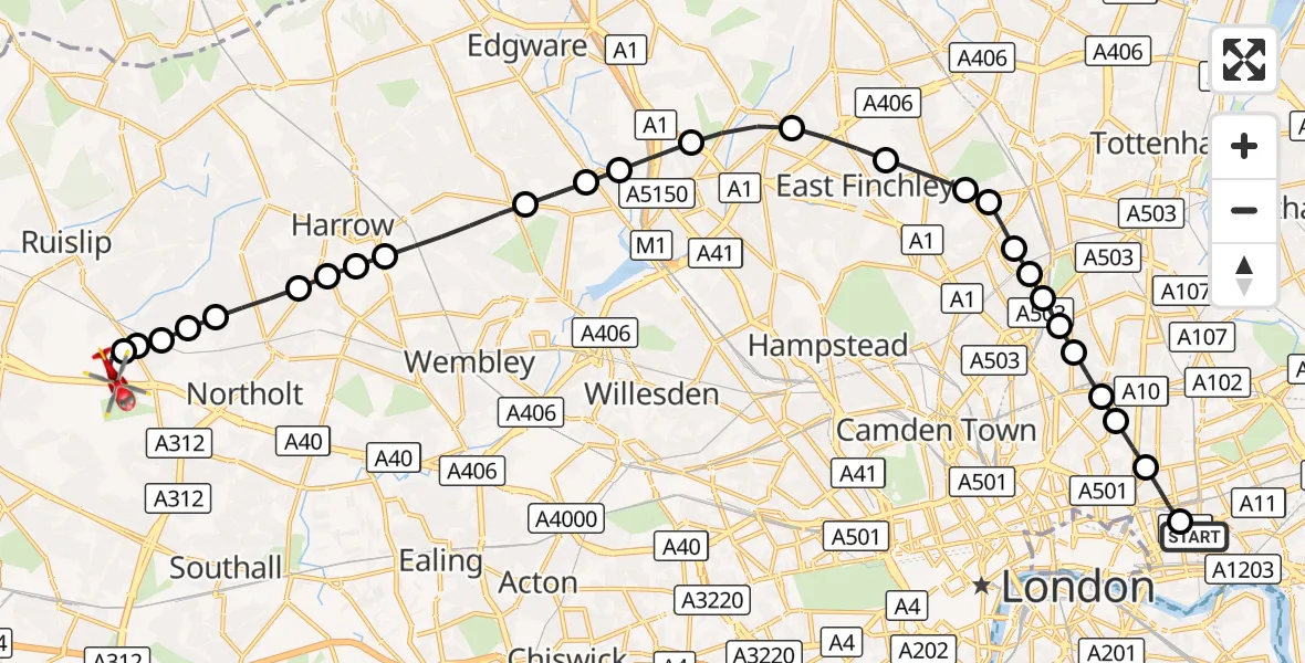 Flight route Air Ambulance Helicopter Royal London Hospital - RAF Northolt, 31 August 2026, 18:54