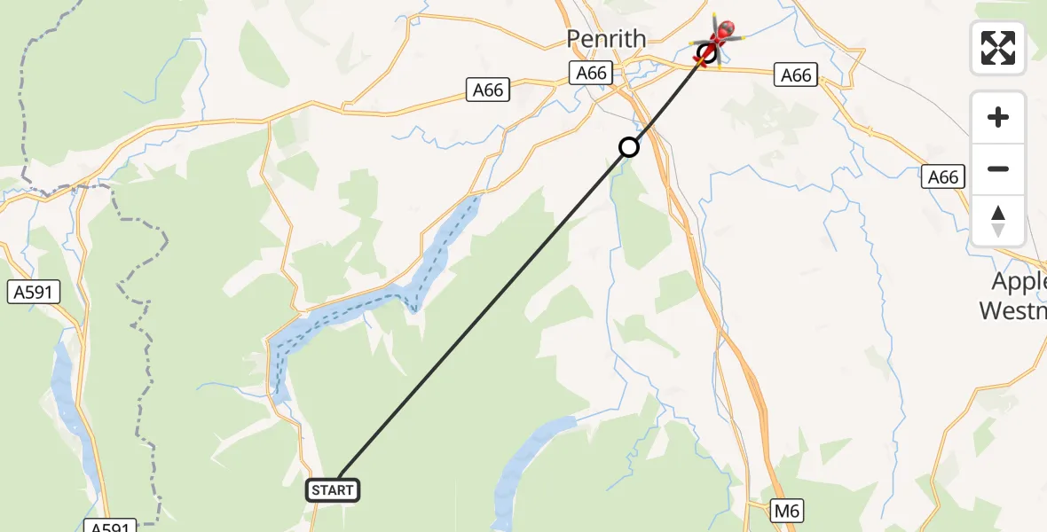 Flight route Air Ambulance Helicopter Patterdale - Brougham, 31 August 2026, 19:07