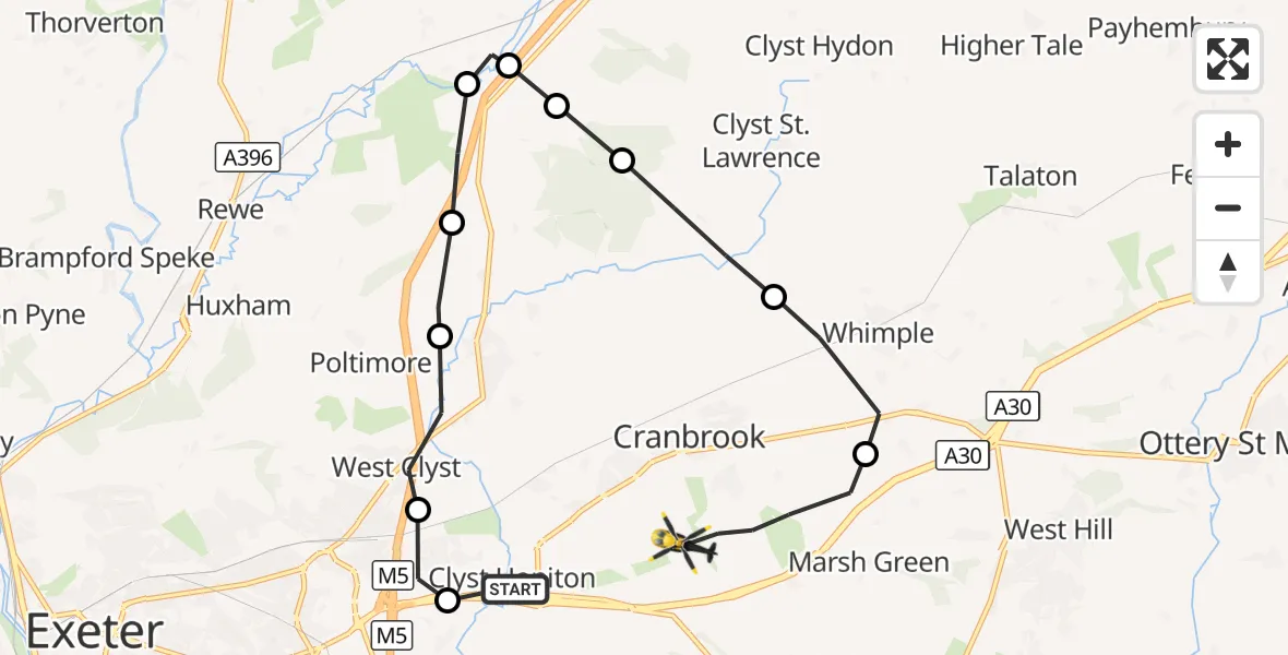 Flight route Police Helicopter Clyst Honiton - Exeter International Airport, 31 August 2026, 19:10
