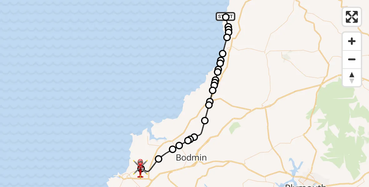 Flight route Air Ambulance Helicopter Welcombe - Cornwall Airport Newquay, 31 August 2026, 19:20