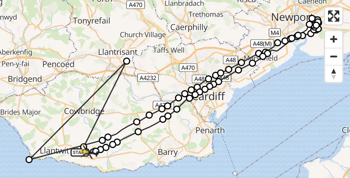 Flight route Police Helicopter Boverton - MOD St Athan, 31 August 2026, 19:20