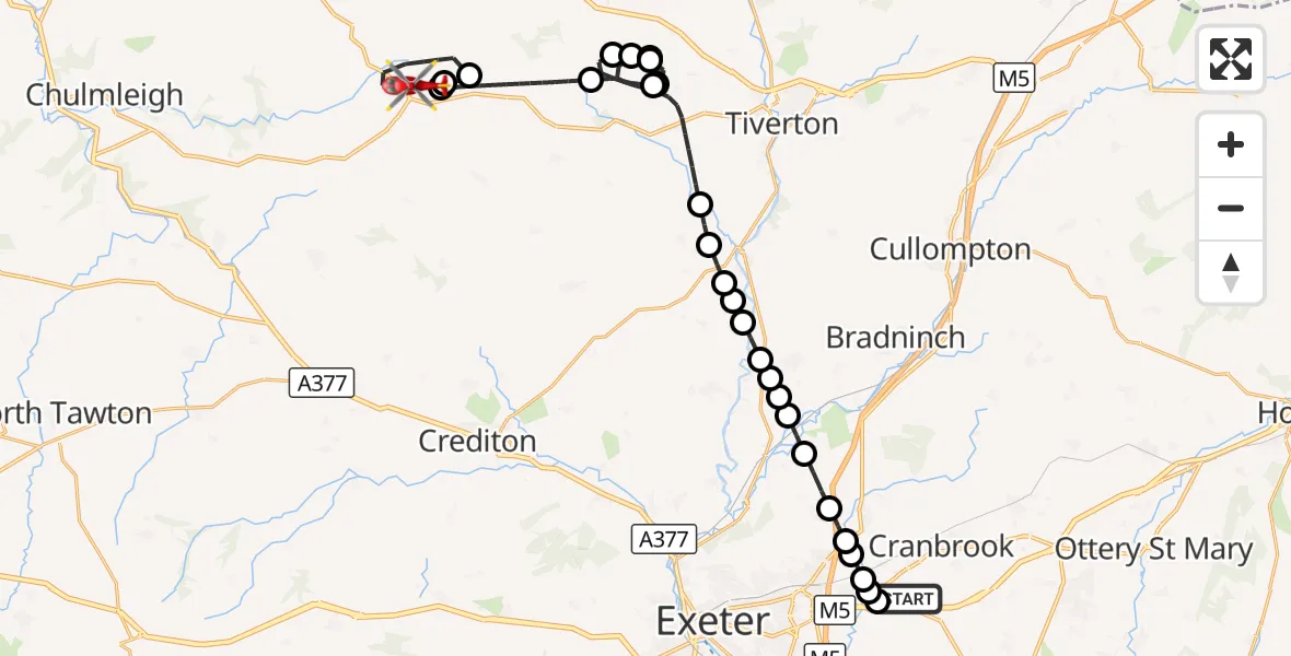 Flight route Air Ambulance Helicopter Exeter International Airport - Witheridge, 31 August 2026, 20:02