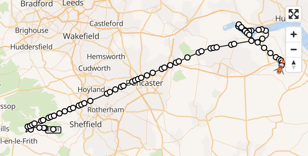 Flight route Coastguard Helicopter Hathersage - Humberside Airport, 31 August 2026, 20:04