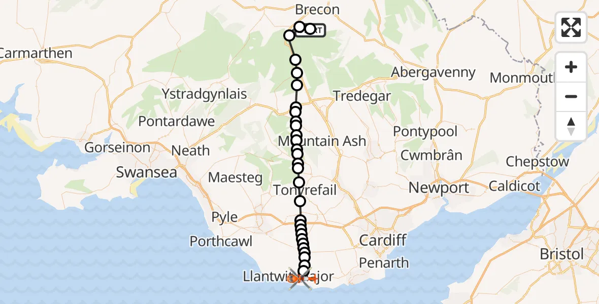 Flight route Coastguard Helicopter Llanfrynach - MOD St Athan, 31 August 2026, 20:17