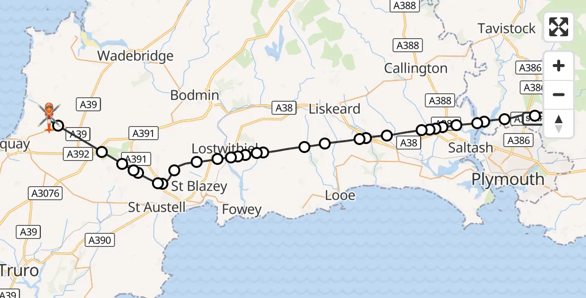 Flight route Coastguard Helicopter Bickleigh - Cornwall Airport Newquay, 31 August 2026, 20:29