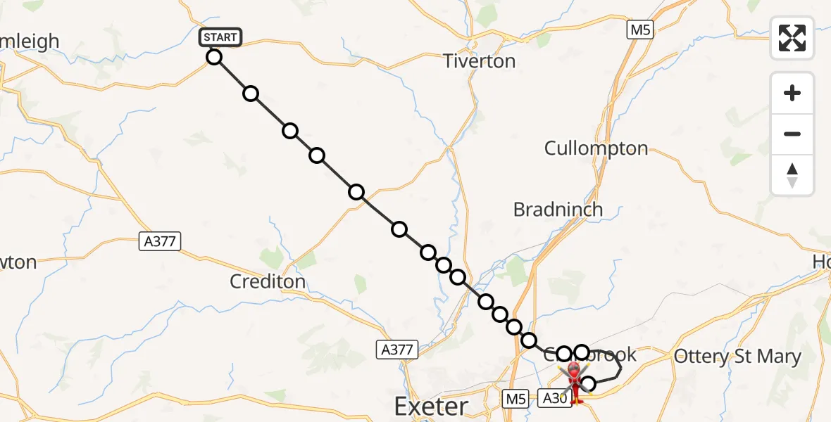 Flight route Air Ambulance Helicopter Witheridge - Exeter International Airport, 31 August 2026, 20:37