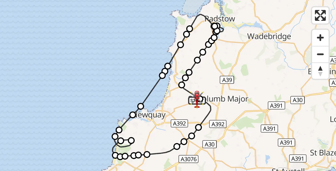 Flight route Air Ambulance Helicopter Cornwall Airport Newquay - Cornwall Airport Newquay, 31 August 2026, 21:12