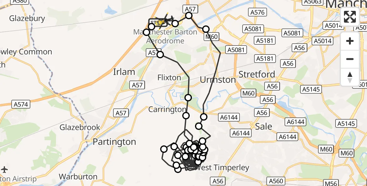 Flight route Police Helicopter Manchester Barton Aerodrome - Manchester Barton Aerodrome, 31 August 2026, 21:22