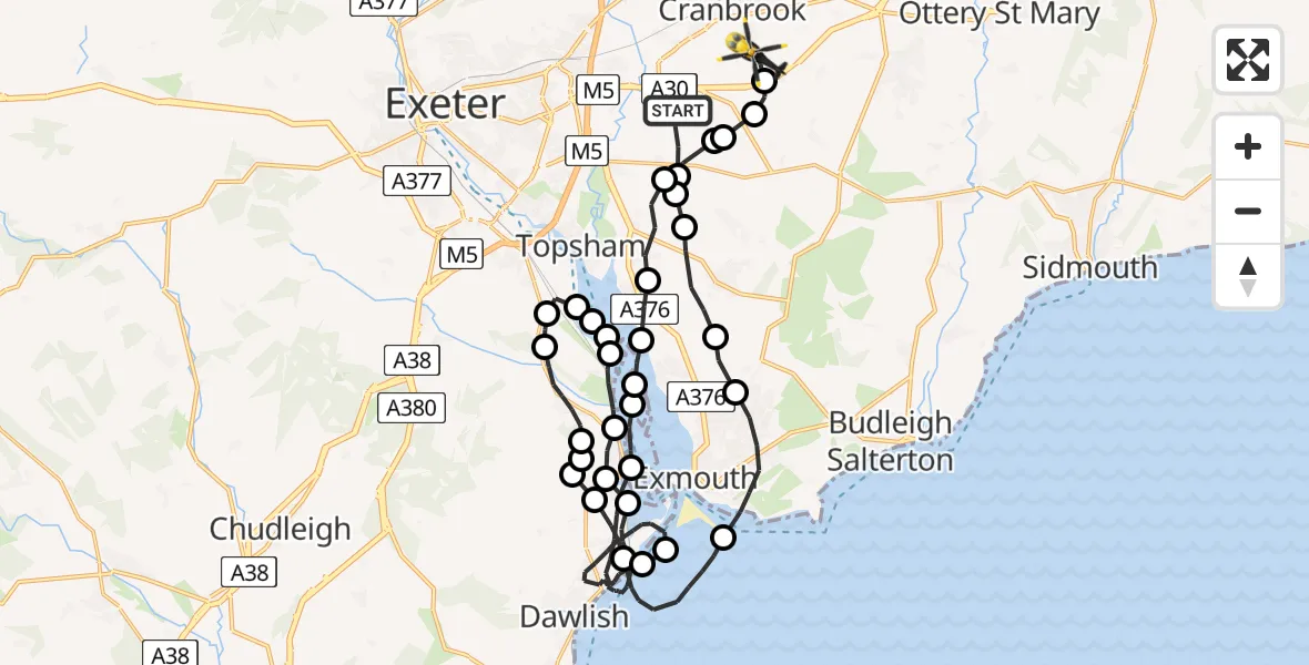 Flight route Police Helicopter Clyst Honiton - Rockbeare, 31 August 2026, 21:22