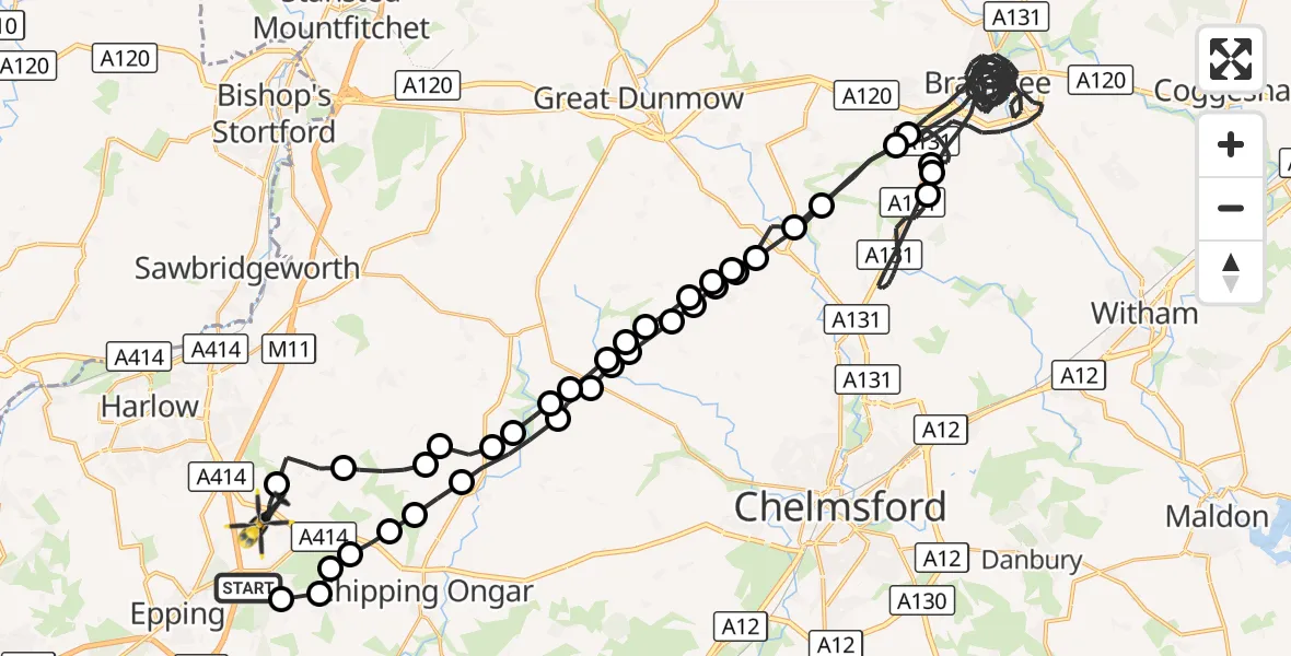 Flight route Police Helicopter Coopersale - North Weald Airfield, 31 August 2026, 21:32