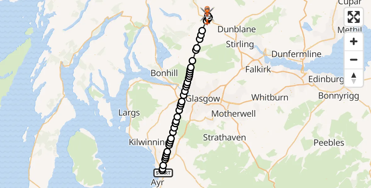 Flight route Coastguard Helicopter Glasgow Prestwick Airport - Stirling, 31 August 2026, 21:38