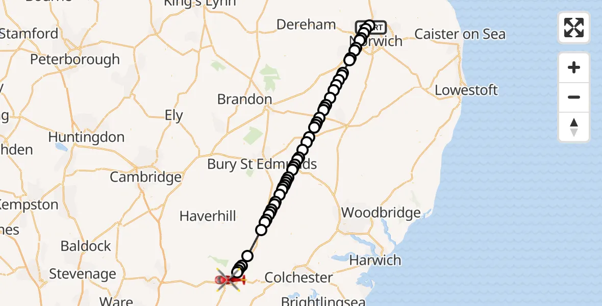 Flight route Air Ambulance Helicopter Norwich Airport - Braintree, 31 August 2026, 21:38