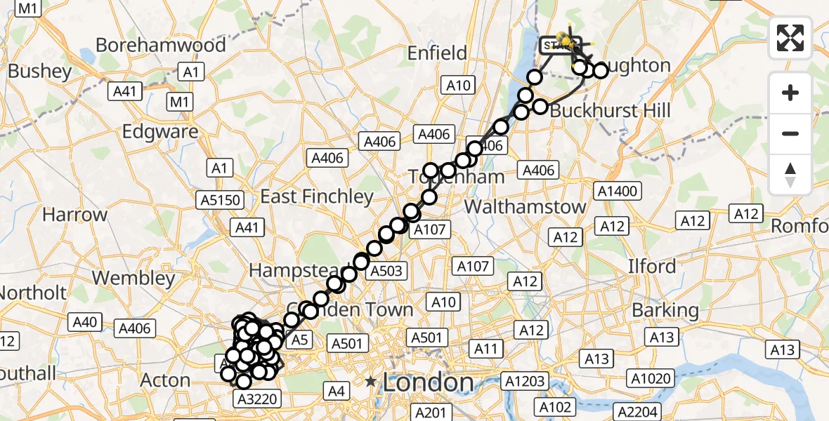 Flight route Police Helicopter Sewardstonebury - Metropolitan Police Air Support Unit Lippitts Hill, 31 August 2026, 21:39