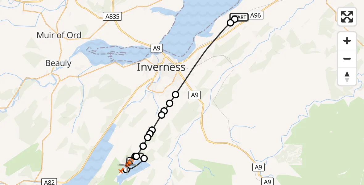 Flight route Coastguard Helicopter Inverness Airport - Dores, 31 August 2026, 21:50
