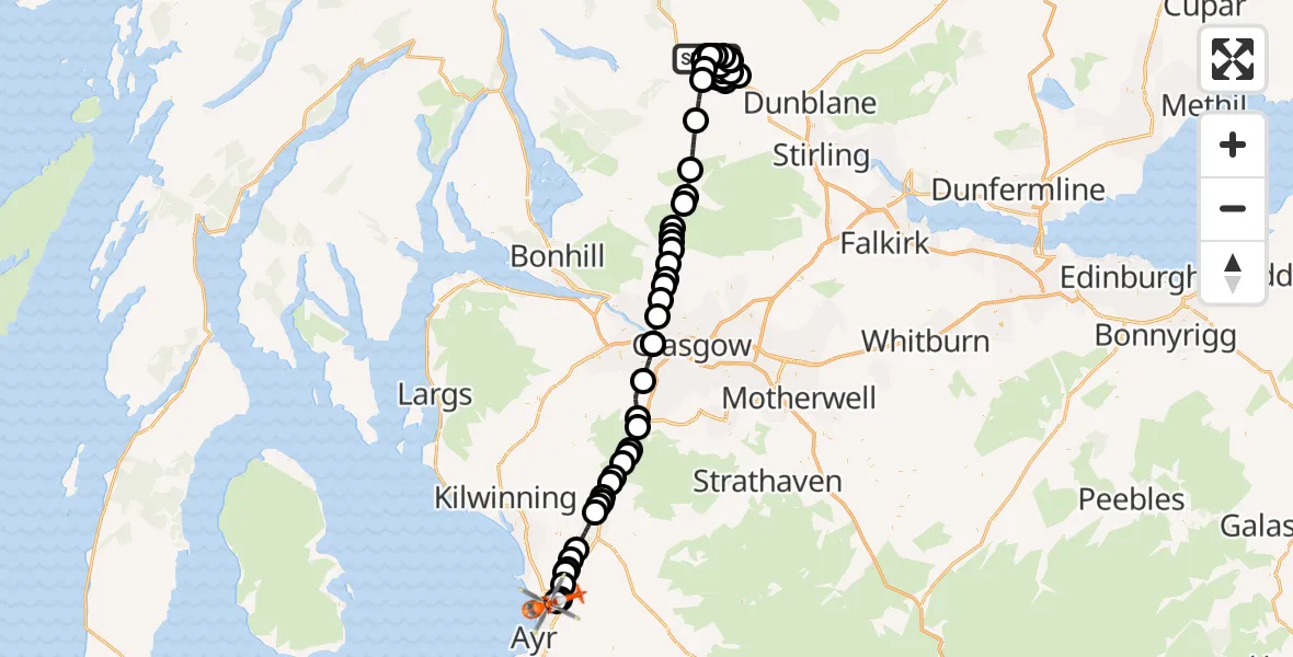 Flight route Coastguard Helicopter Callander - Glasgow Prestwick Airport, 31 August 2026, 22:04