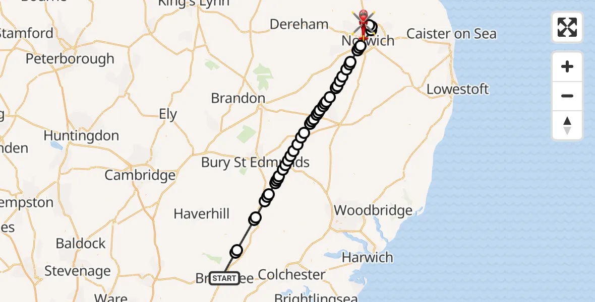 Flight route Air Ambulance Helicopter Braintree - Norwich Airport, 31 August 2026, 23:09